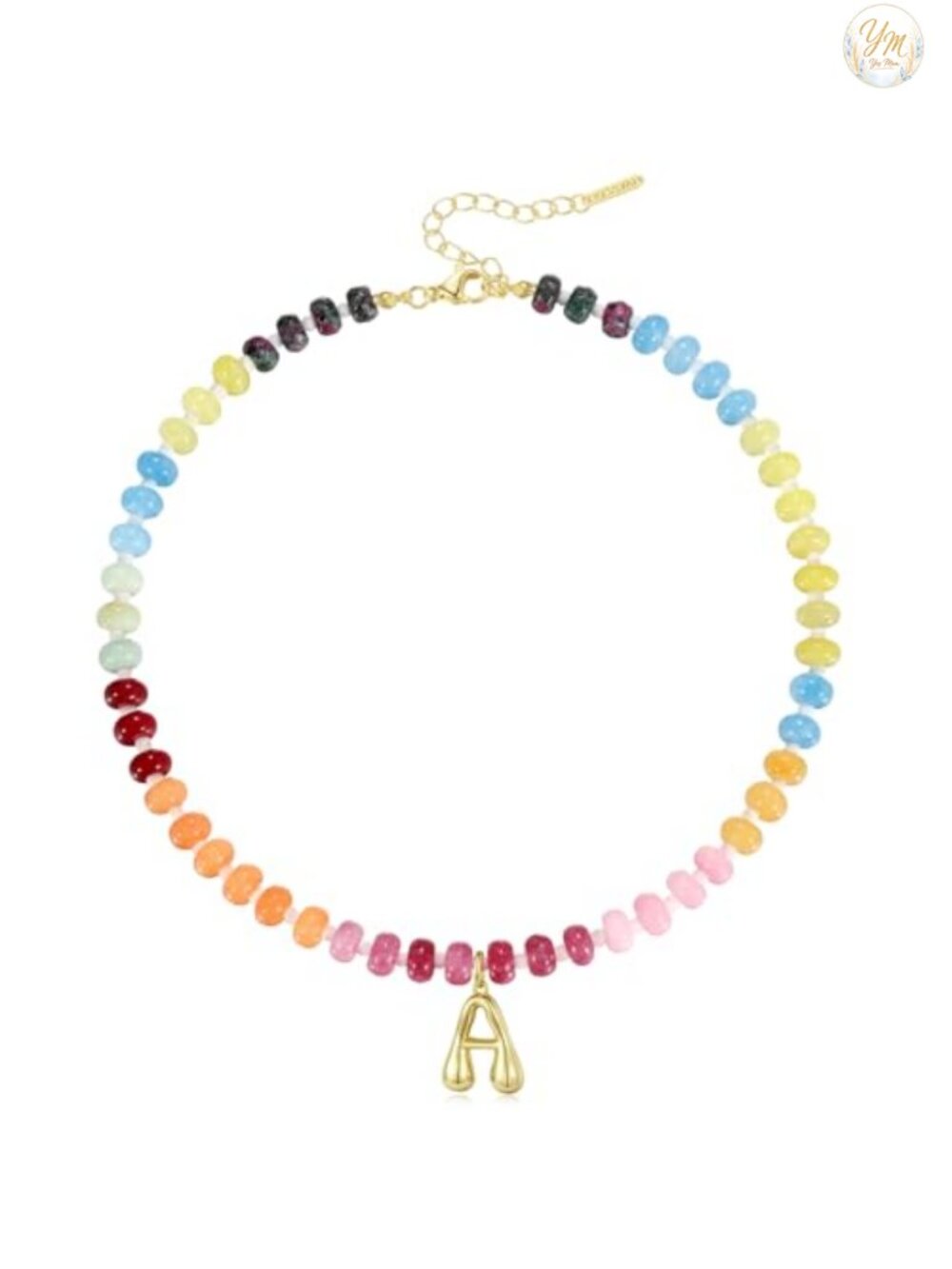 Initial Choker Necklace with Natural Gemstone Beads 14K Gold Bubble Letter